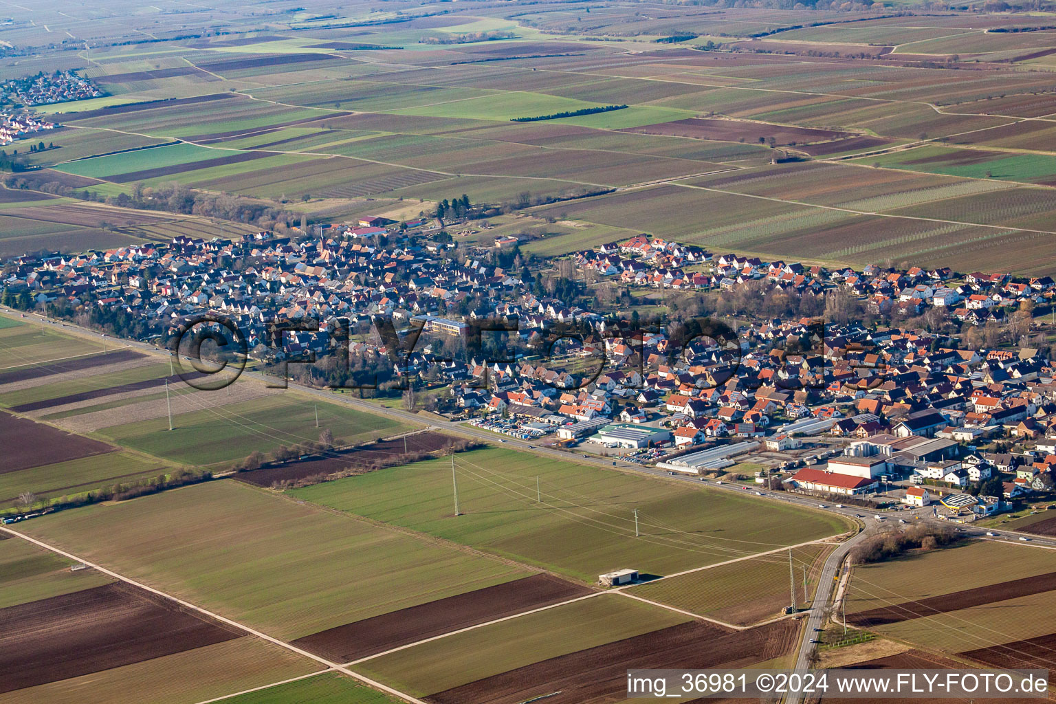 Aerial view of Hochlustadt in Lustadt in the state Rhineland-Palatinate, Germany