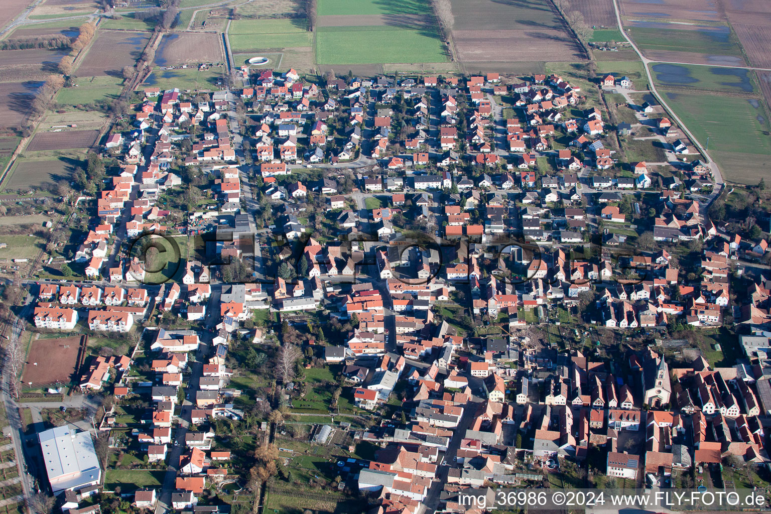 Aerial view of Zeiskam in the state Rhineland-Palatinate, Germany