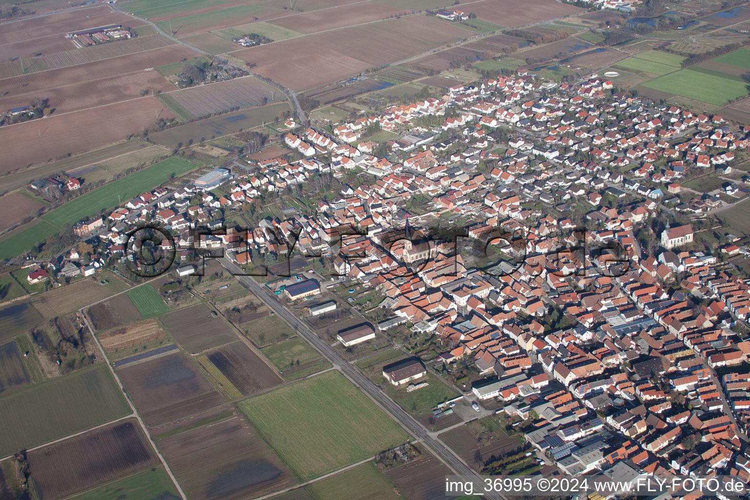 Bird's eye view of Zeiskam in the state Rhineland-Palatinate, Germany