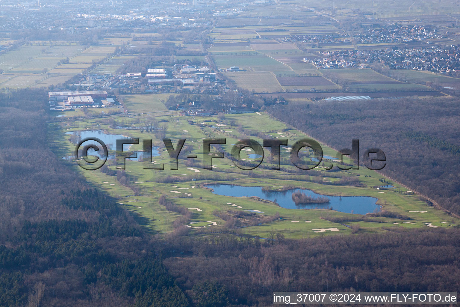 Aerial view of Golf course Landgut Dreihof in Essingen in the state Rhineland-Palatinate, Germany