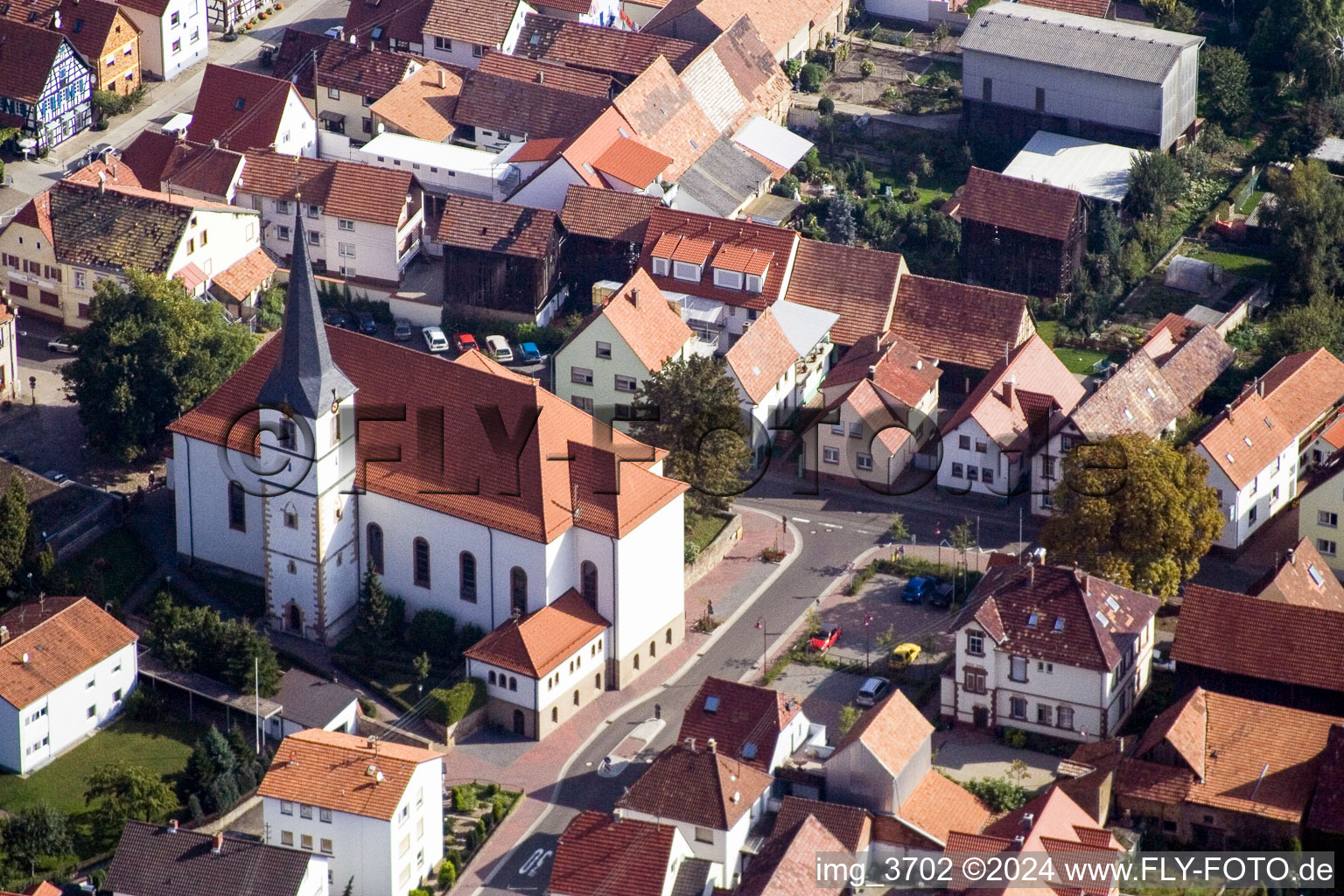 Aerial view of Church building in the village of in Hatzenbuehl in the state Rhineland-Palatinate