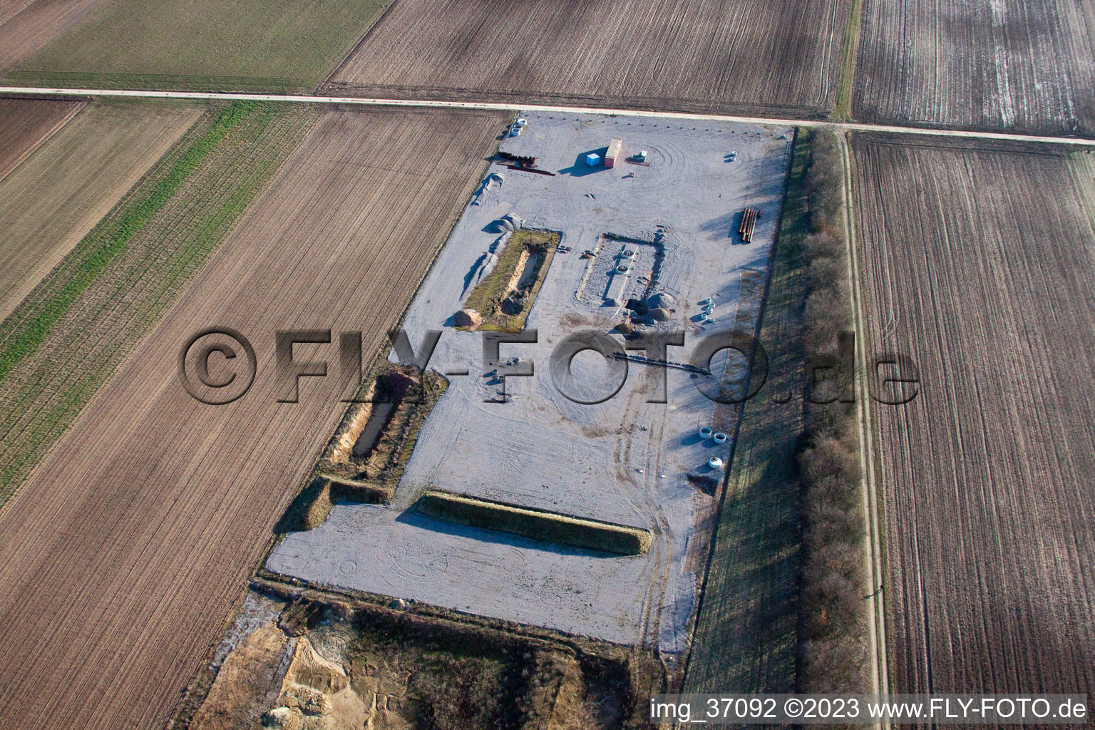 Aerial view of Geothermal construction site in Herxheimweyher in the state Rhineland-Palatinate, Germany