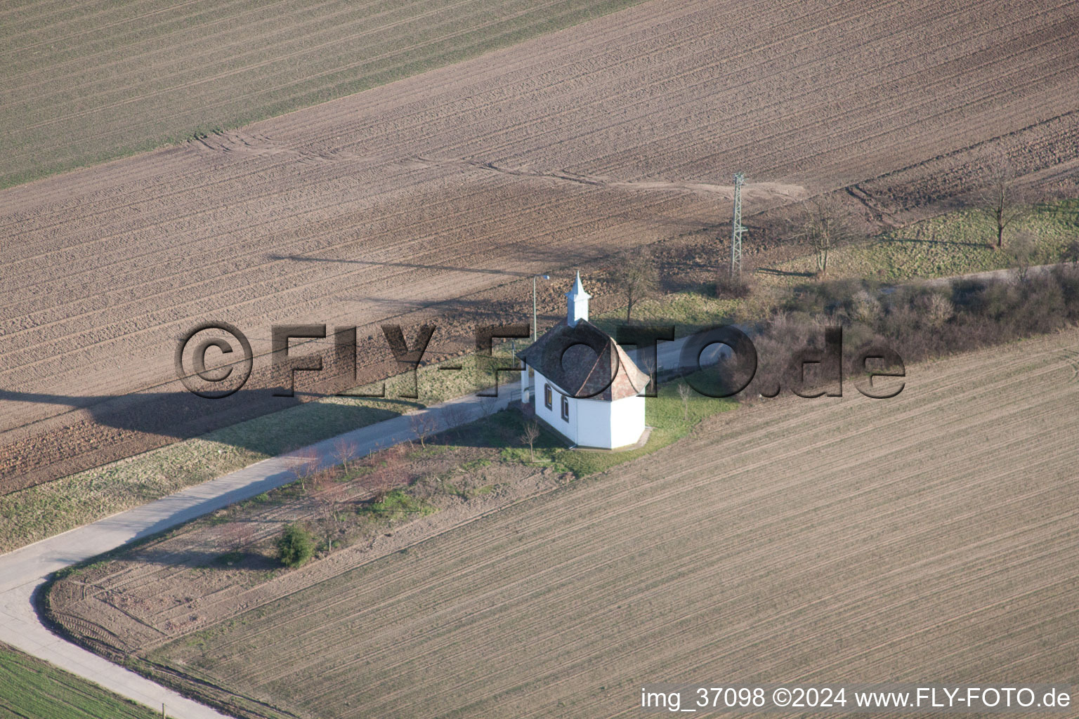 Aerial view of Poor Souls Chapel on Knittelsheimerstr in Herxheimweyher in the state Rhineland-Palatinate, Germany