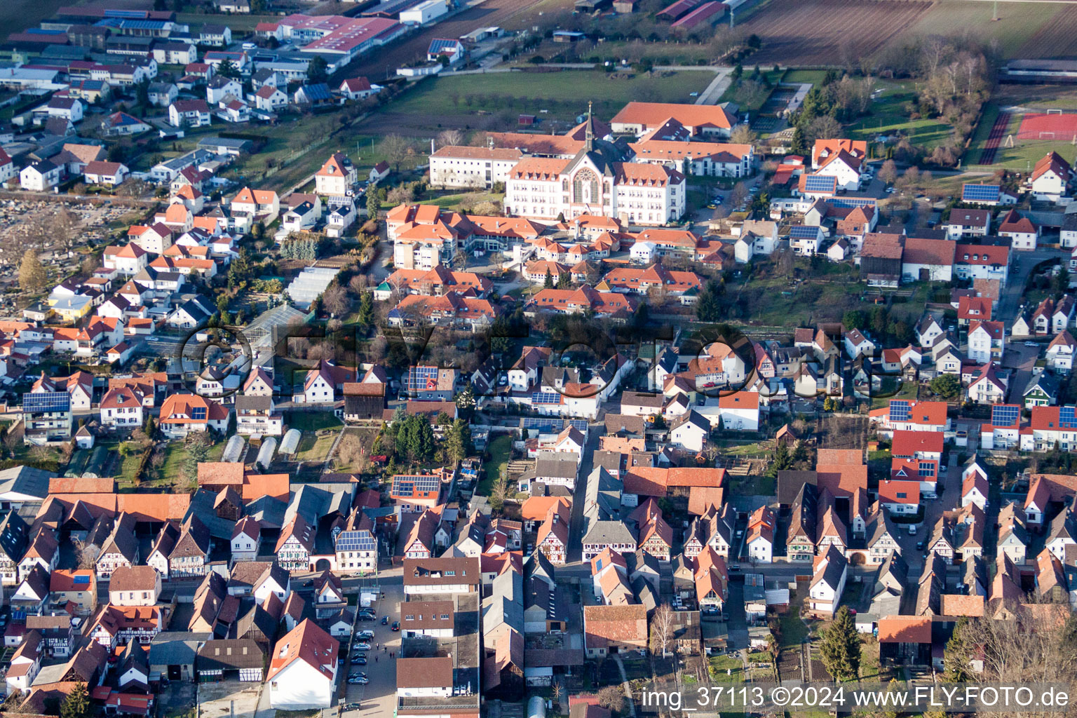 Aerial view of Complex of buildings of the St. Paulus Stift - Jacob-Friedrich-Bussereau-Stiftung in Herxheim bei Landau (Pfalz) in the state Rhineland-Palatinate, Germany