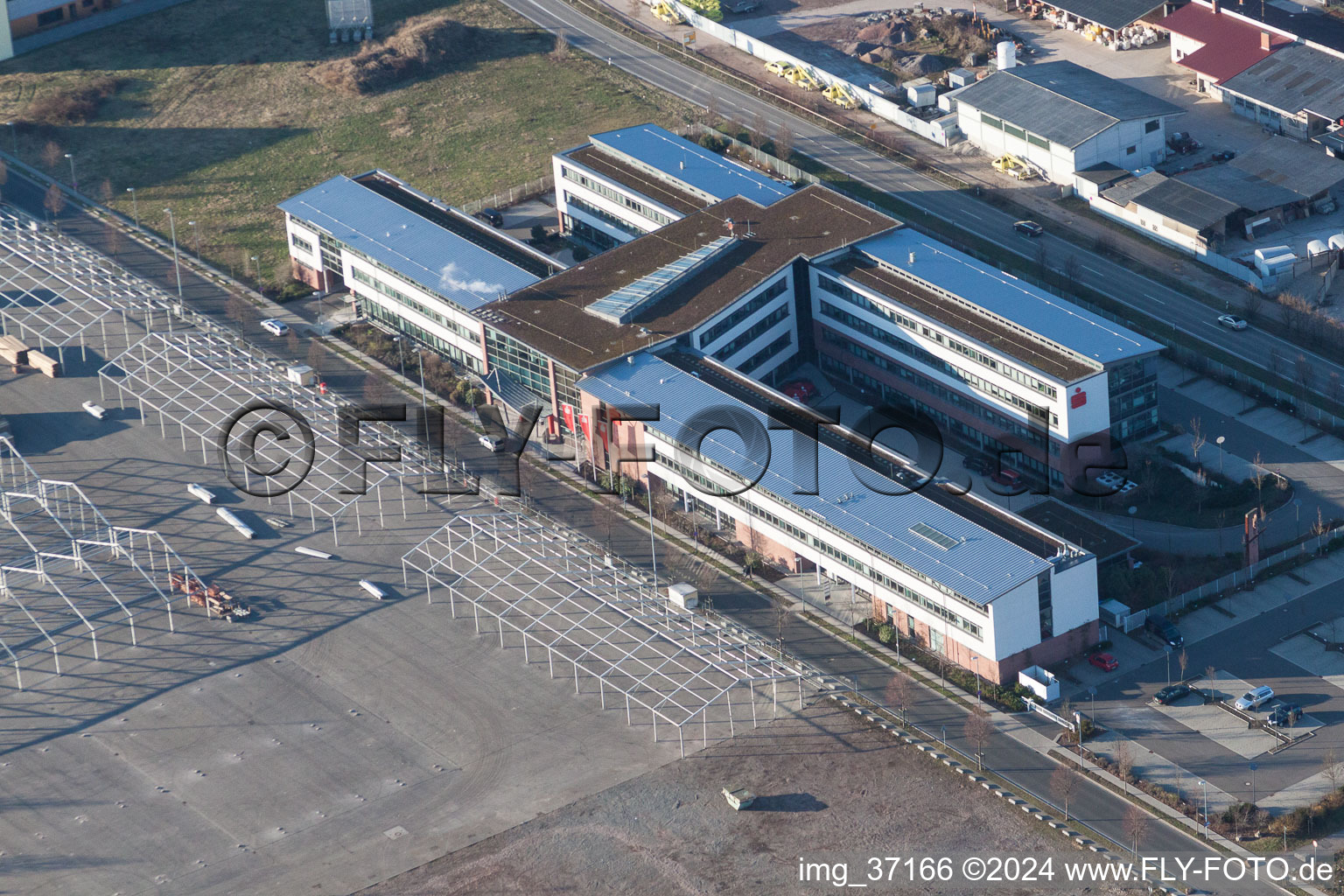 Aerial view of Banking administration building of the financial services company Sparkasse Suedliche Weinstrasse in the district Queichheim in Landau in der Pfalz in the state Rhineland-Palatinate, Germany