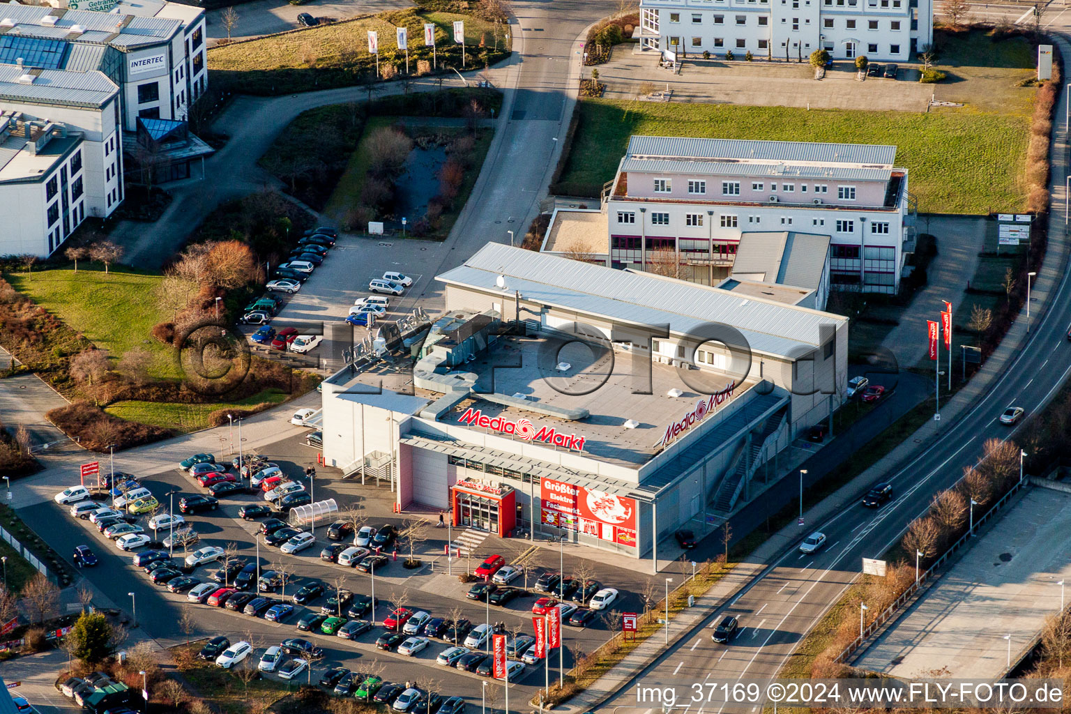 Building of the shopping center MediaMarkt Landau in the district Queichheim in Landau in der Pfalz in the state Rhineland-Palatinate, Germany