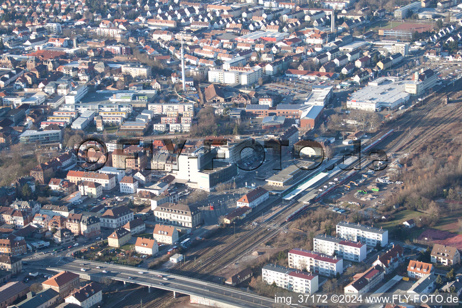 Aerial view of Railroad station in Landau in der Pfalz in the state Rhineland-Palatinate, Germany