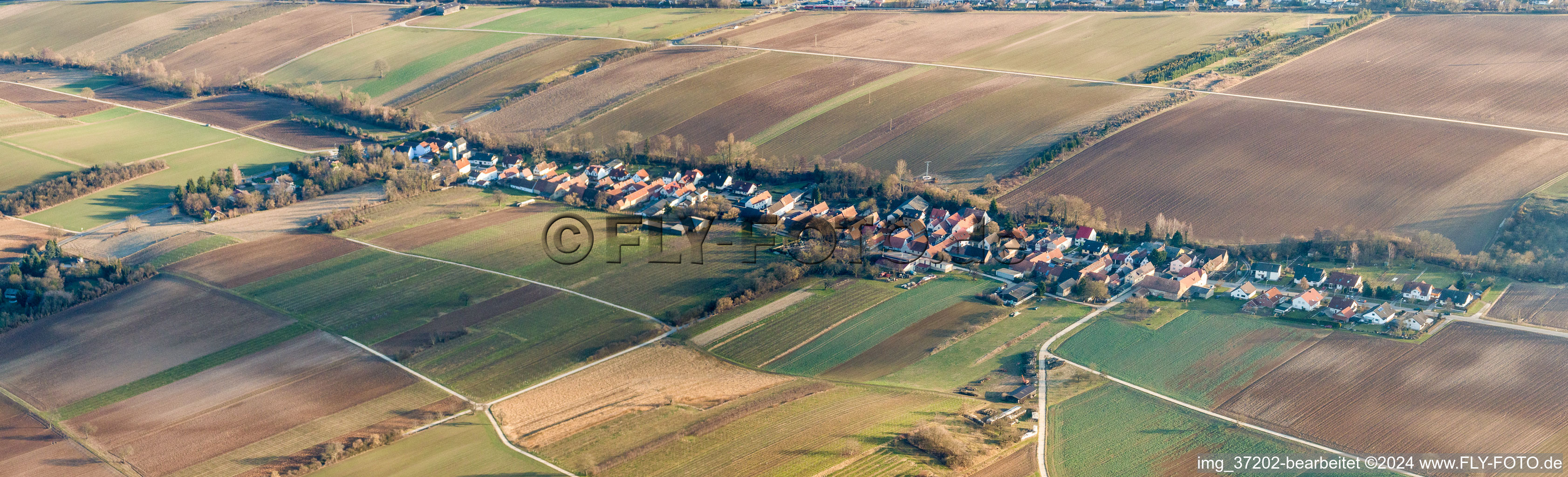 Panoramic perspective Village - view on the edge of agricultural fields and farmland in Vollmersweiler in the state Rhineland-Palatinate, Germany