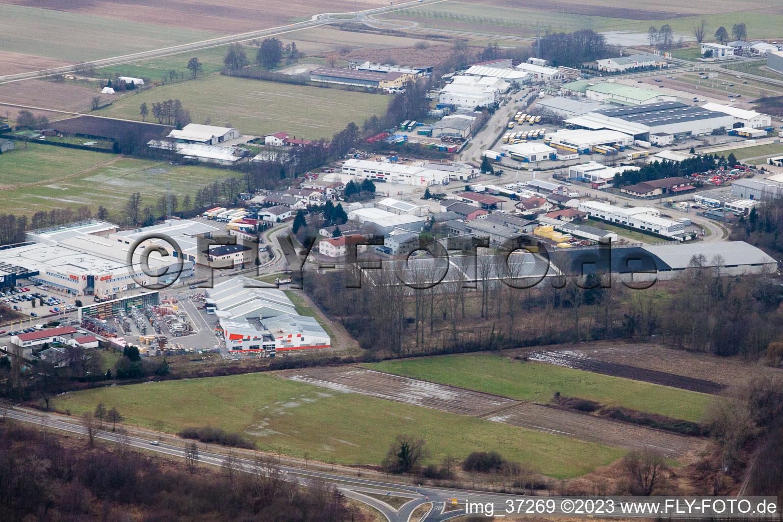 Horst industrial area in the district Minderslachen in Kandel in the state Rhineland-Palatinate, Germany from above