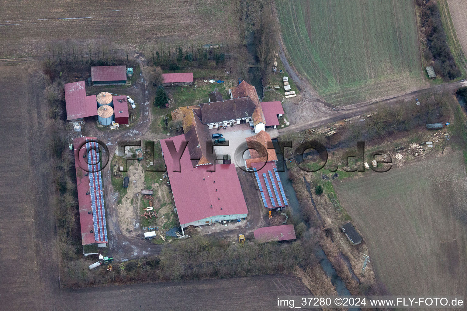 Strip mill in Erlenbach bei Kandel in the state Rhineland-Palatinate, Germany seen from above