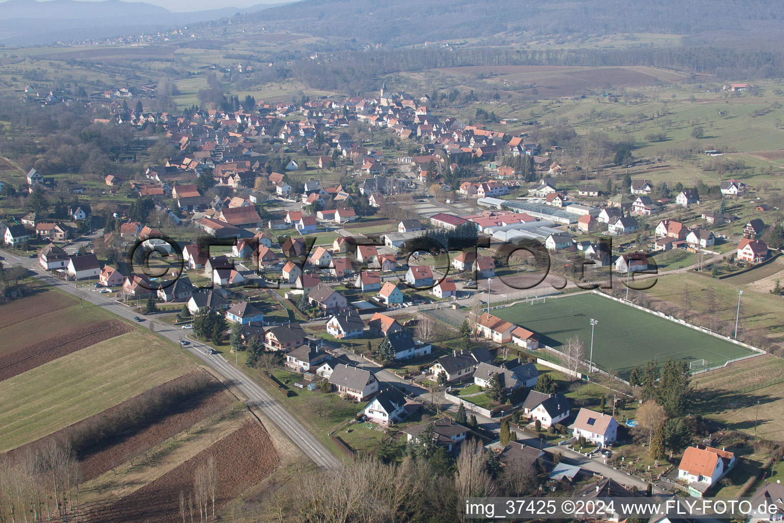 Aerial view of Preuschdorf in the state Bas-Rhin, France