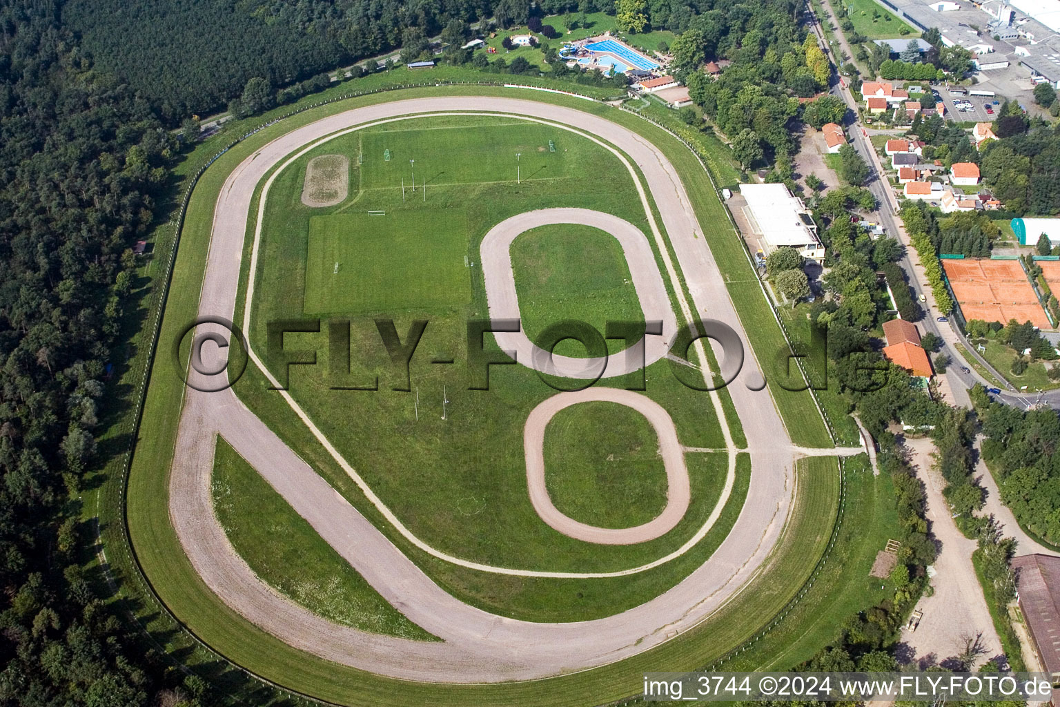 Aerial view of Racetrack racecourse fuer Sandbahnrennen and Trabrennen in Herxheim bei Landau (Pfalz) in the state Rhineland-Palatinate