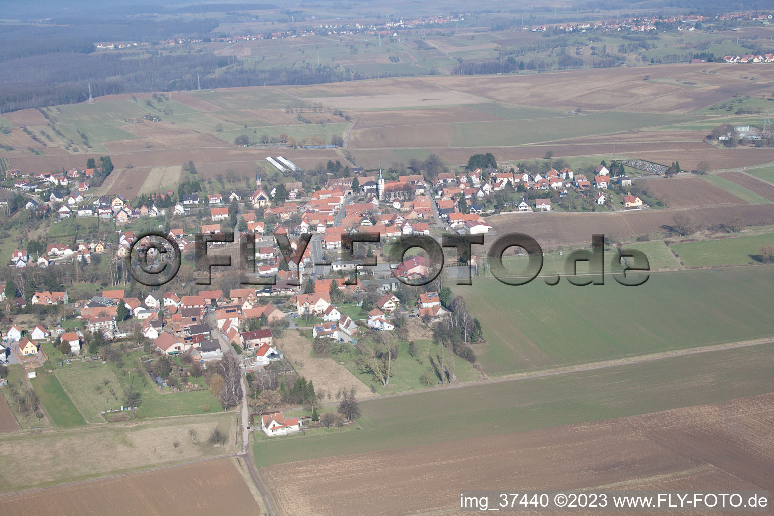 Aerial view of Kutzenhausen in the state Bas-Rhin, France