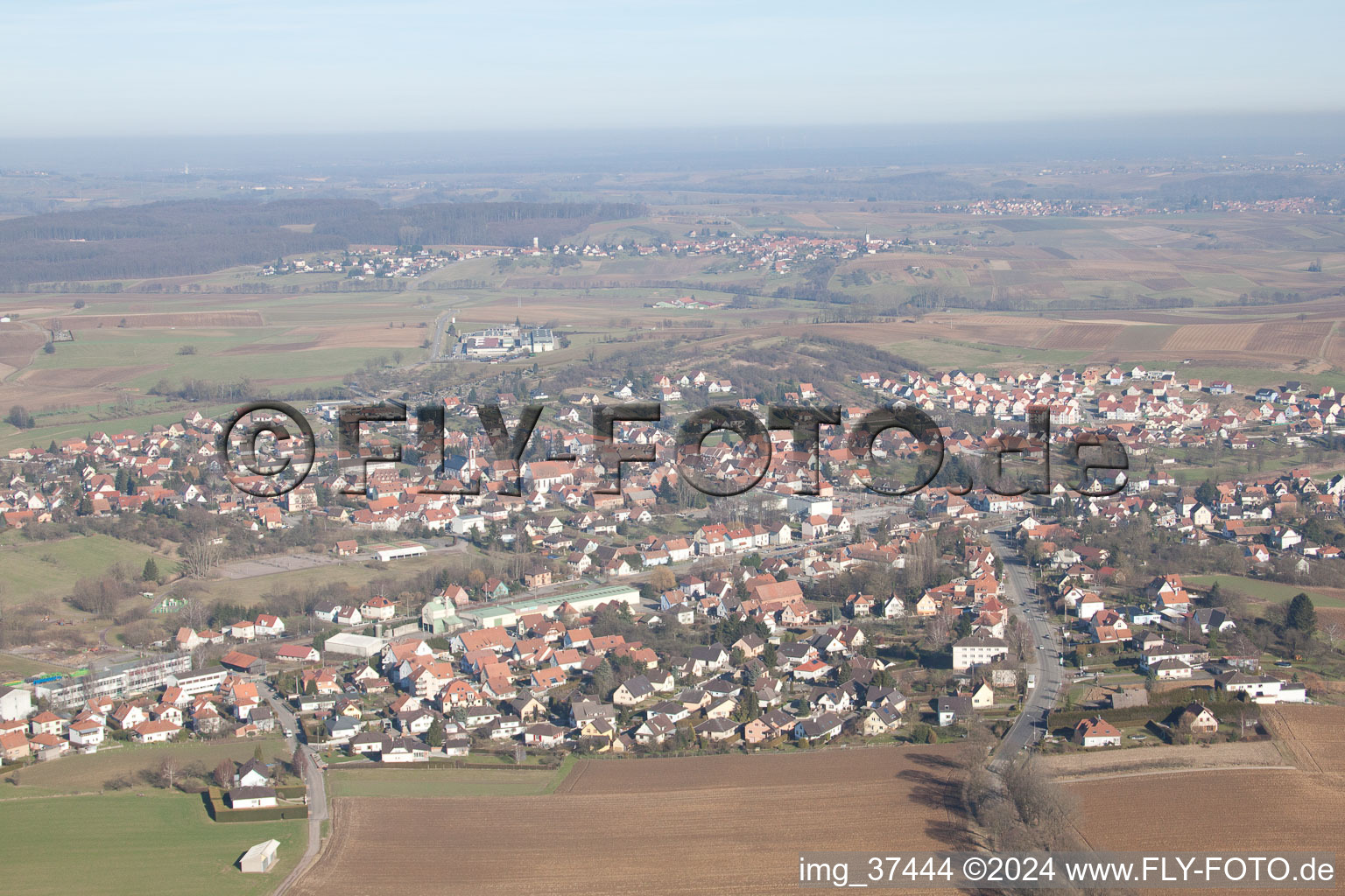 Aerial view of Soultz-sous-Forêts in the state Bas-Rhin, France