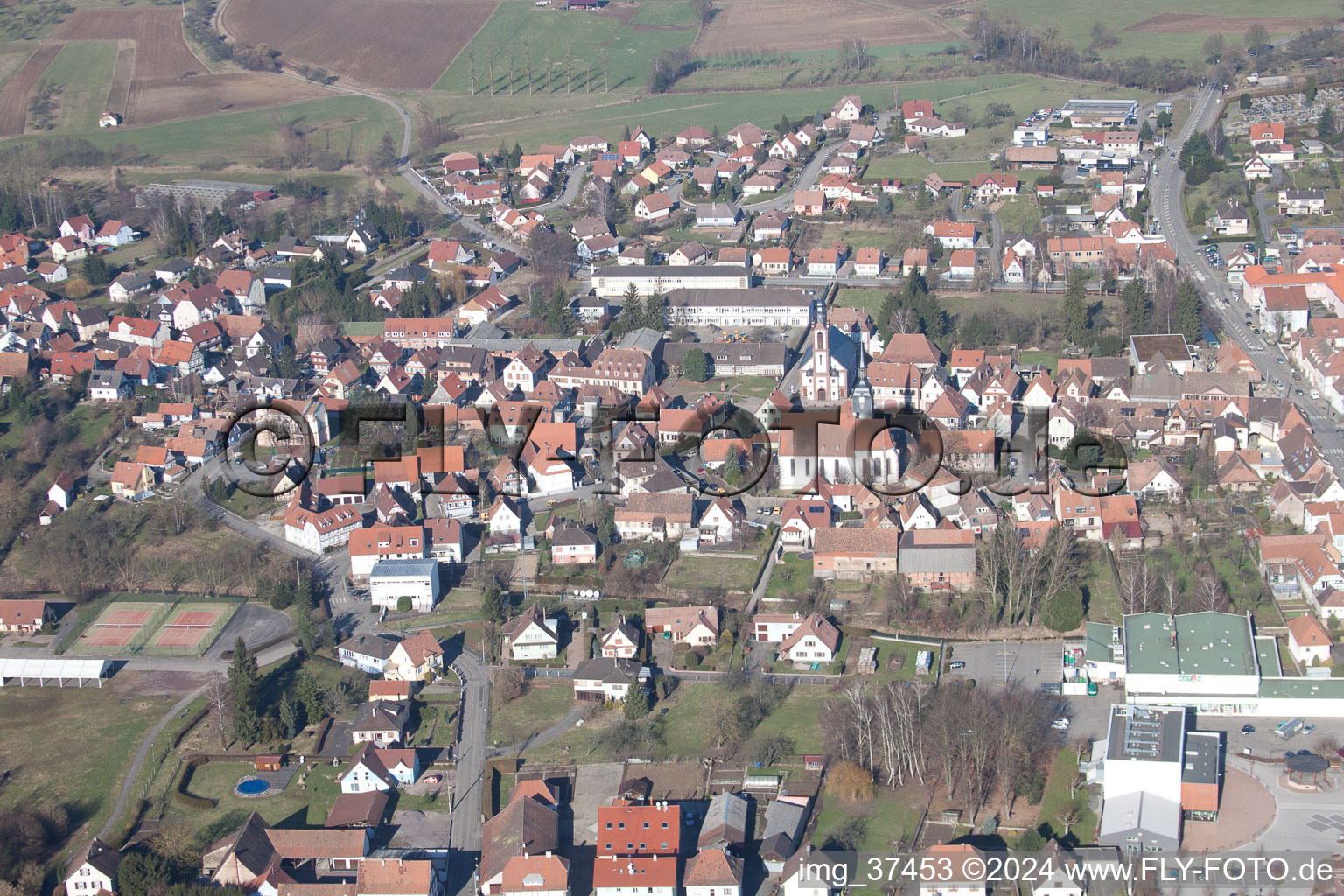 Bird's eye view of Soultz-sous-Forêts in the state Bas-Rhin, France