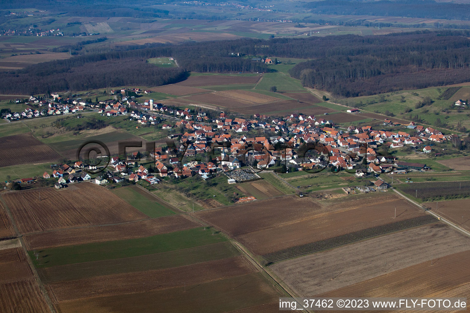 Aerial view of Hermerswiller in the state Bas-Rhin, France