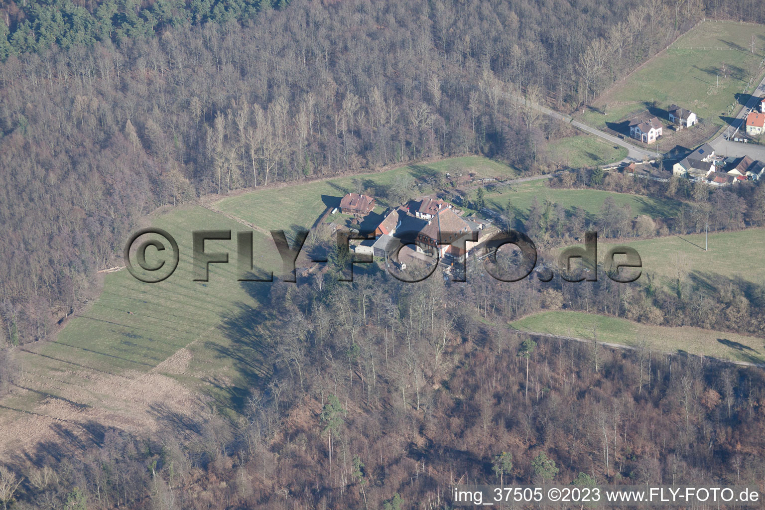 Aerial view of Bienwaldmühle in the state Rhineland-Palatinate, Germany