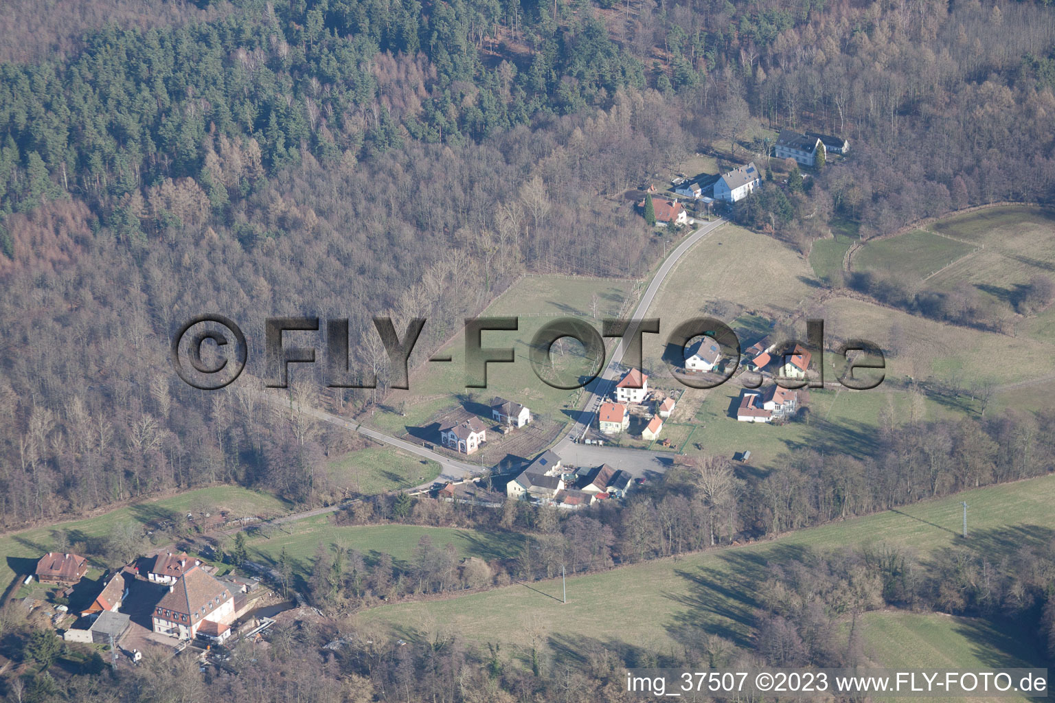 Aerial photograpy of Bienwaldmühle in the state Rhineland-Palatinate, Germany