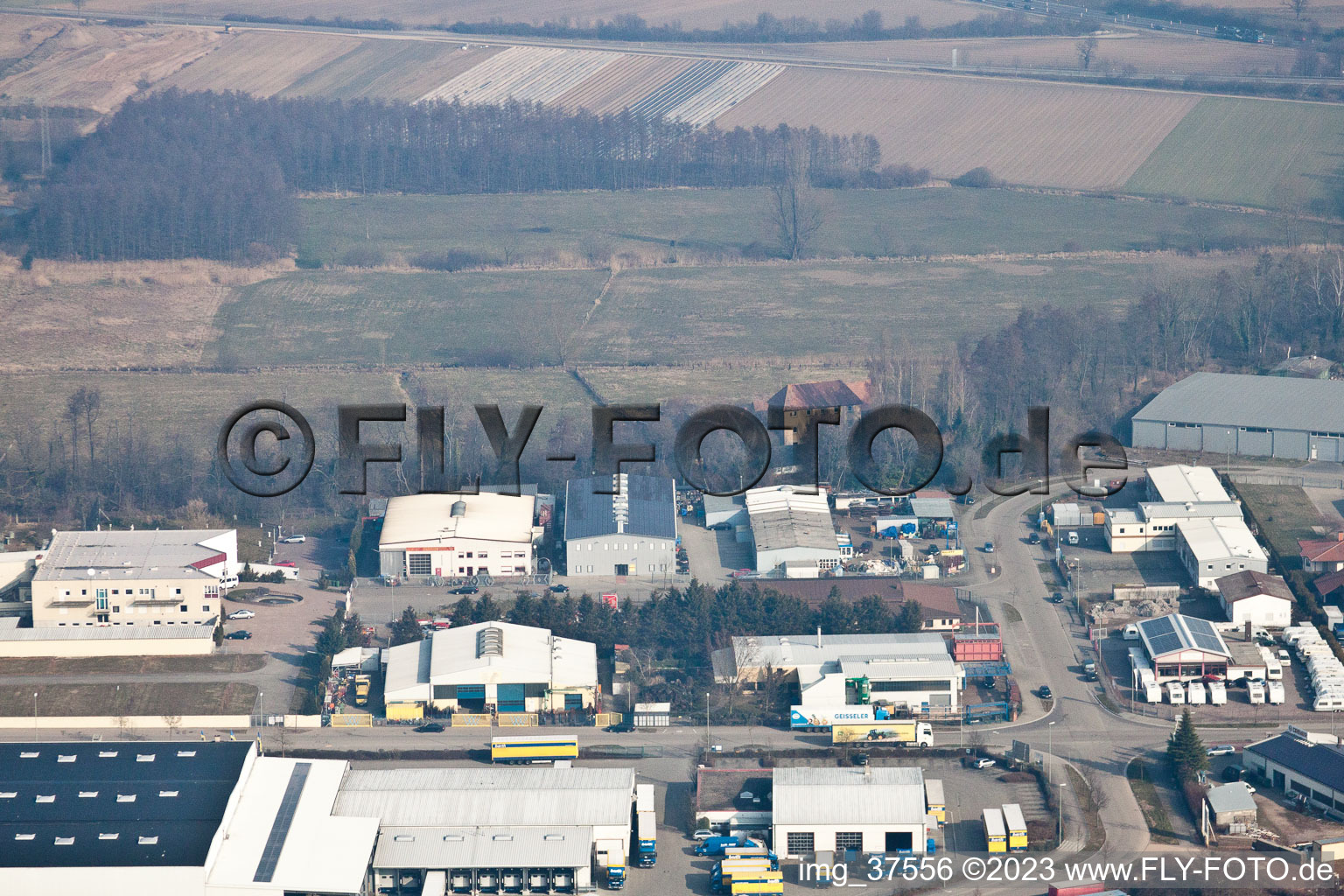 Horst industrial area in the district Minderslachen in Kandel in the state Rhineland-Palatinate, Germany seen from a drone