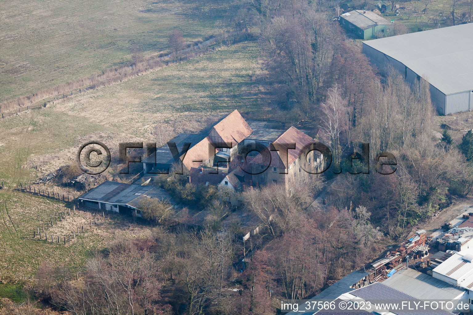 Aerial photograpy of Barthelsmühle in the district Minderslachen in Kandel in the state Rhineland-Palatinate, Germany