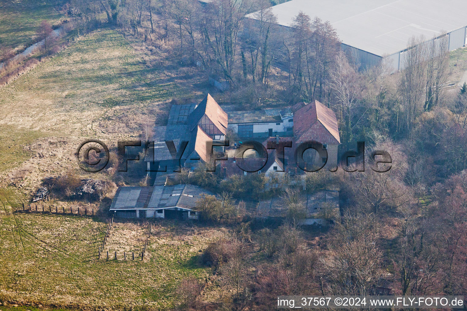 Oblique view of Barthelsmühle in the district Minderslachen in Kandel in the state Rhineland-Palatinate, Germany