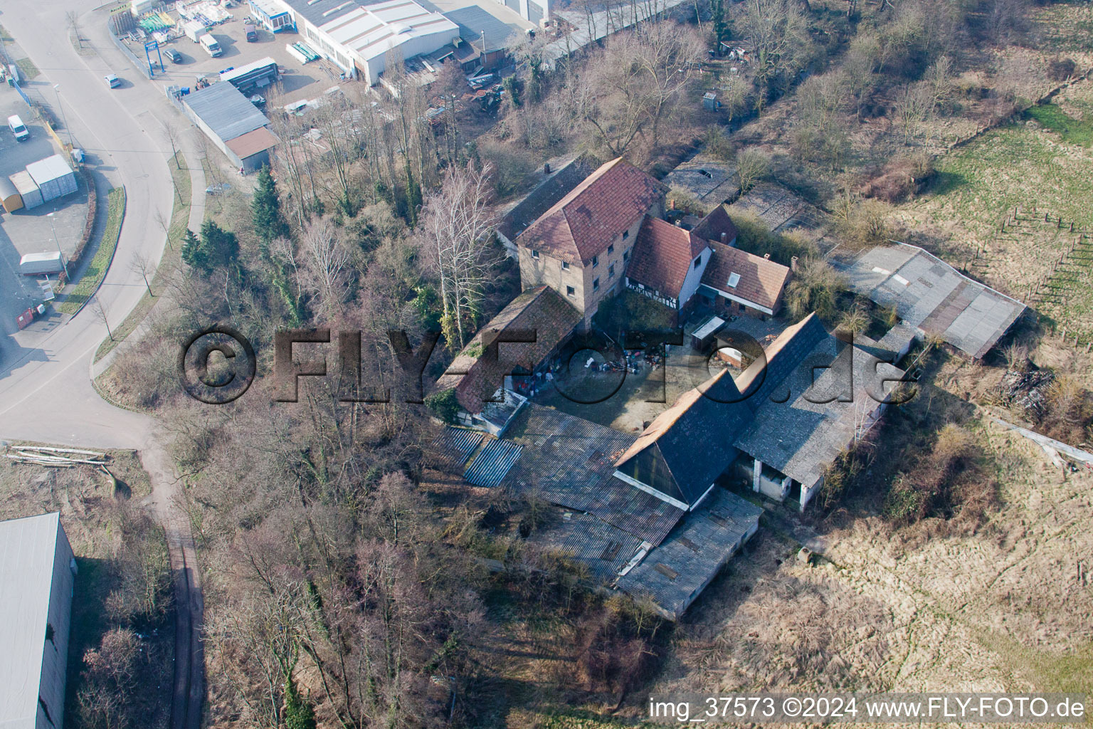 Barthelsmühle in the district Minderslachen in Kandel in the state Rhineland-Palatinate, Germany from above