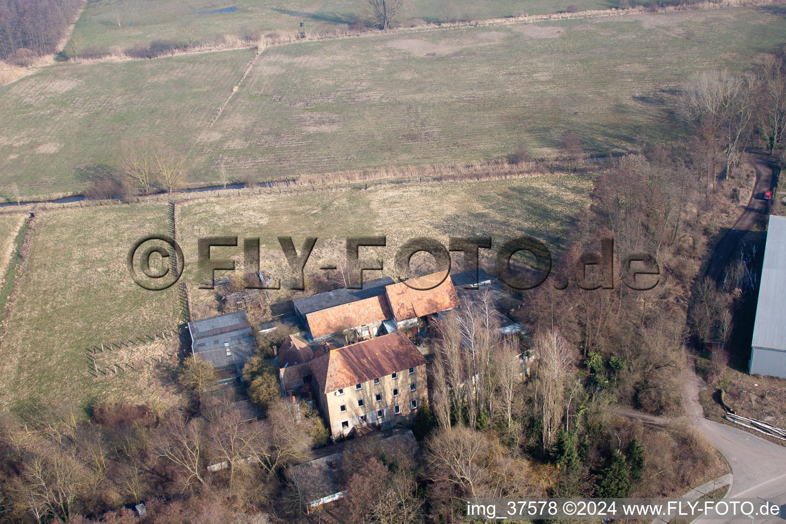 Barthelsmühle in the district Minderslachen in Kandel in the state Rhineland-Palatinate, Germany from the plane