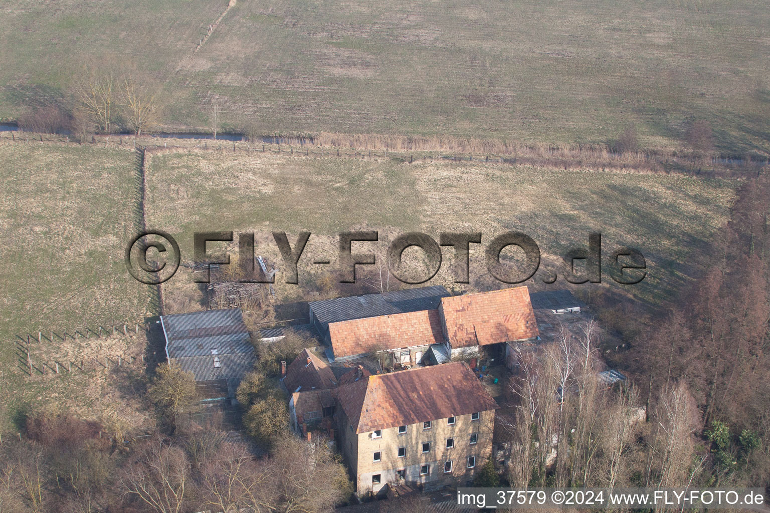 Bird's eye view of Barthelsmühle in the district Minderslachen in Kandel in the state Rhineland-Palatinate, Germany