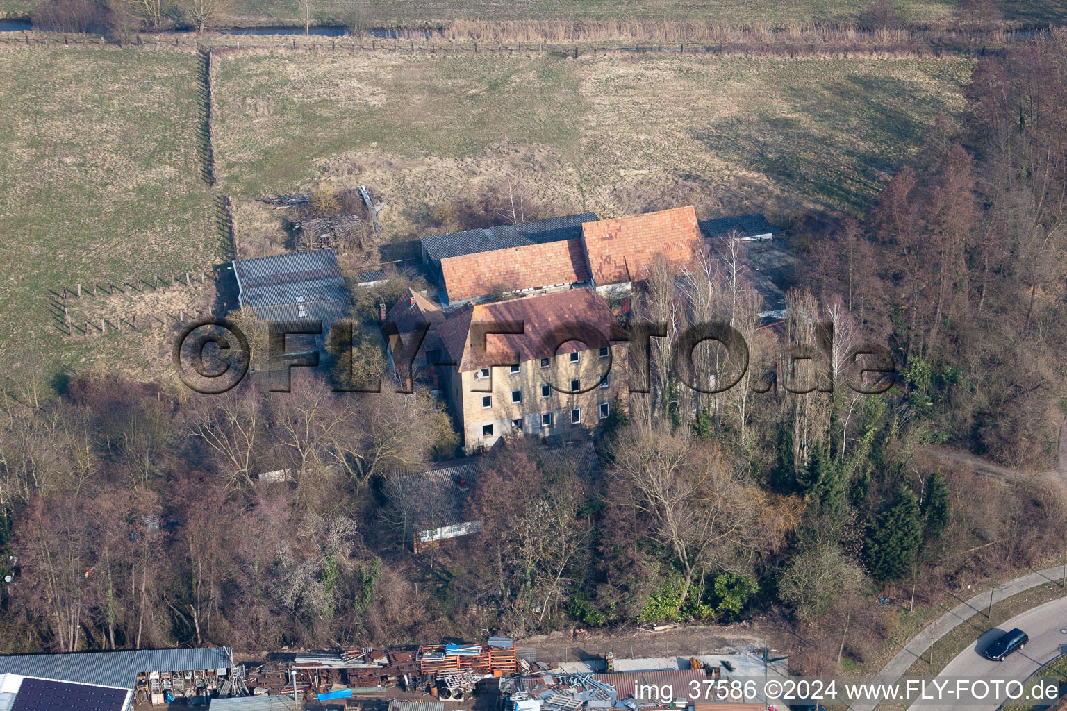 Barthelsmühle in the district Minderslachen in Kandel in the state Rhineland-Palatinate, Germany viewn from the air