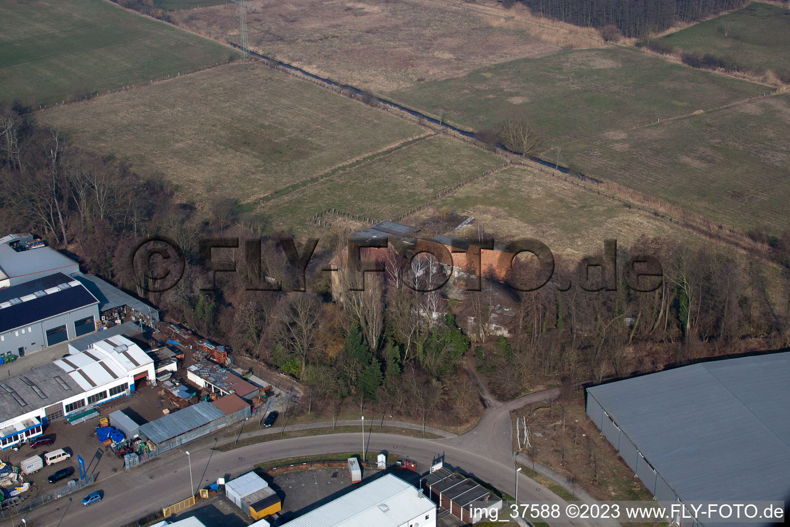 Drone recording of Barthelsmühle in the district Minderslachen in Kandel in the state Rhineland-Palatinate, Germany