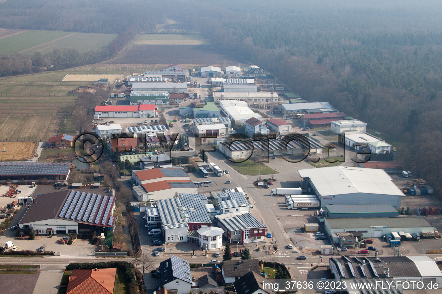 Oblique view of Gäxwald industrial estate in the district Herxheim in Herxheim bei Landau in the state Rhineland-Palatinate, Germany