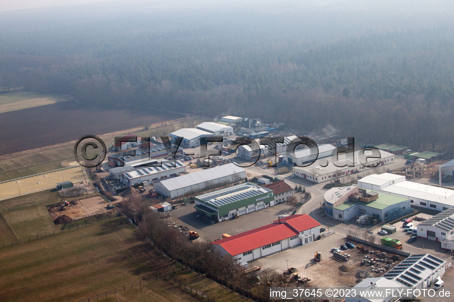 Gäxwald industrial area in the district Herxheim in Herxheim bei Landau/Pfalz in the state Rhineland-Palatinate, Germany from the plane