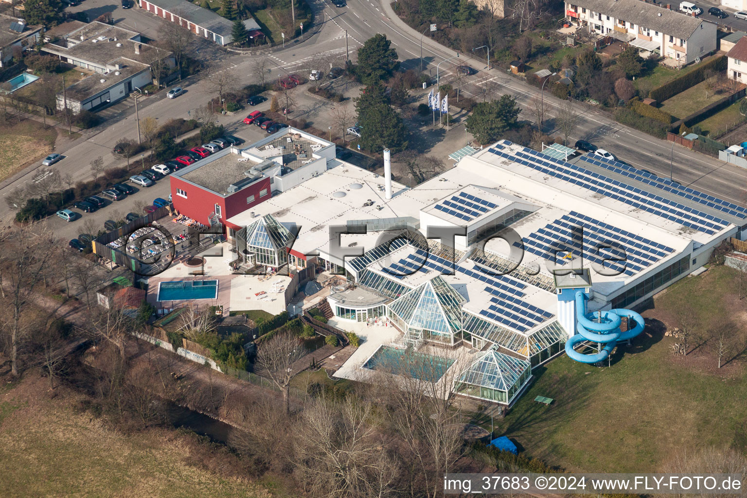 Aerial view of Waterslide on Swimming pool of the La Ola in the district Queichheim in Landau in der Pfalz in the state Rhineland-Palatinate, Germany