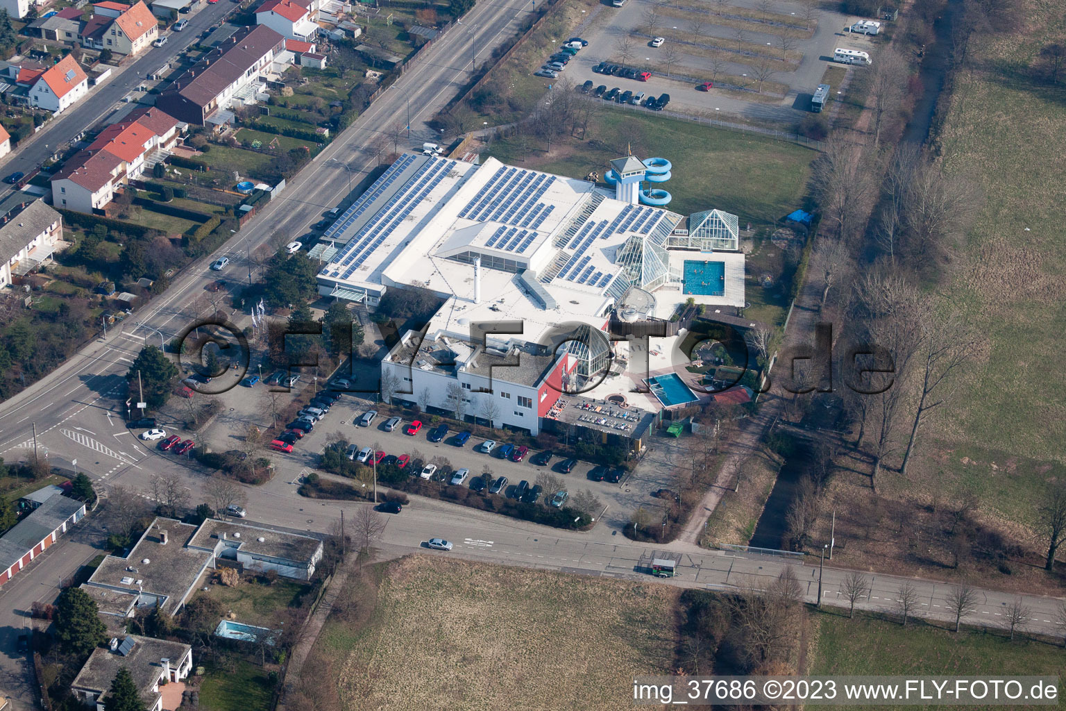 Aerial view of La-Ola water park in the district Queichheim in Landau in der Pfalz in the state Rhineland-Palatinate, Germany