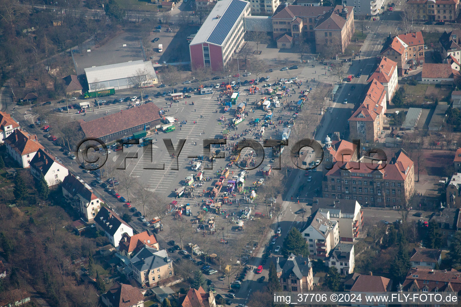 Market square, setting up of the carnival parade in Landau in der Pfalz in the state Rhineland-Palatinate, Germany