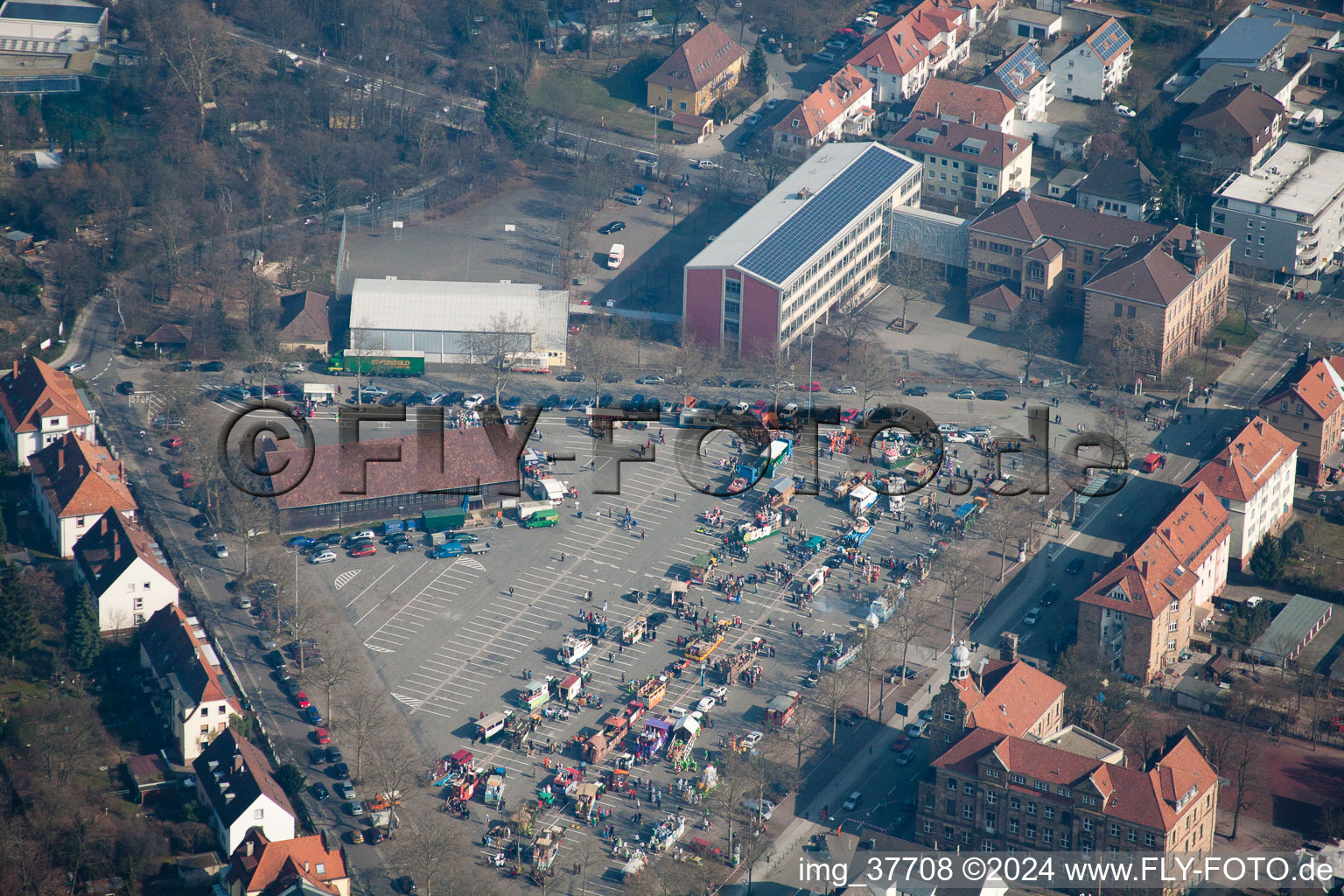 Aerial view of Market square, setting up of the carnival parade in Landau in der Pfalz in the state Rhineland-Palatinate, Germany