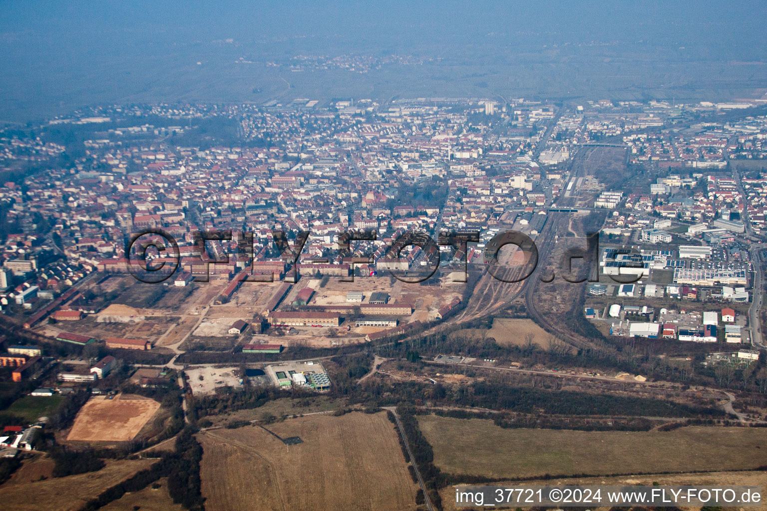 Aerial photograpy of Conversion area Cornichonstr in Landau in der Pfalz in the state Rhineland-Palatinate, Germany