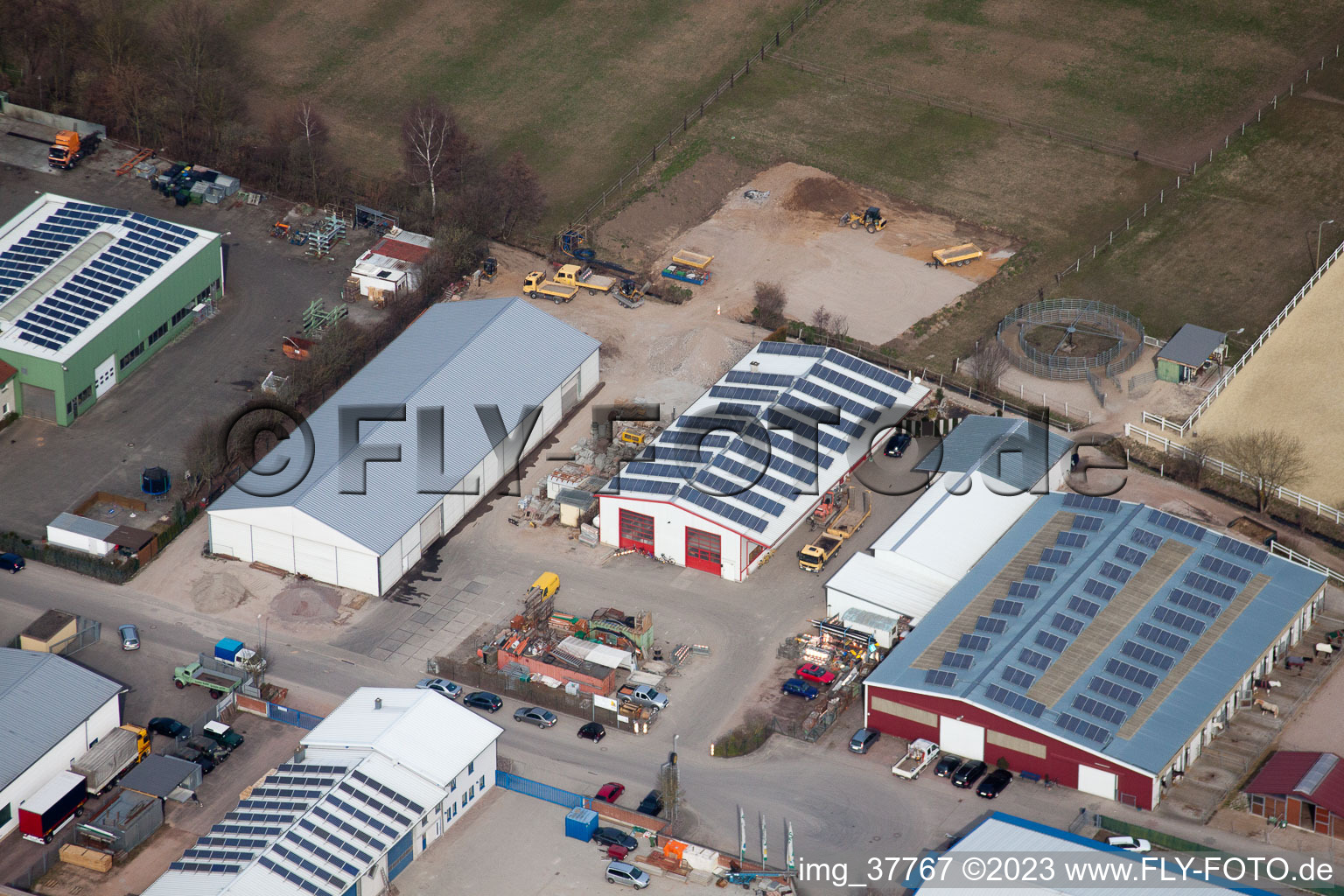 Gäxwald industrial area in the district Herxheim in Herxheim bei Landau/Pfalz in the state Rhineland-Palatinate, Germany seen from a drone