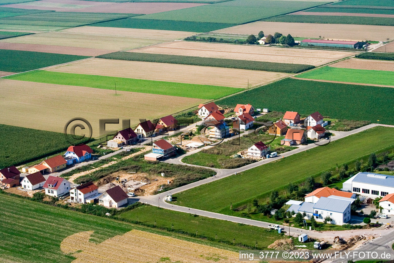 Aerial photograpy of Brotäcker new development area in Steinweiler in the state Rhineland-Palatinate, Germany