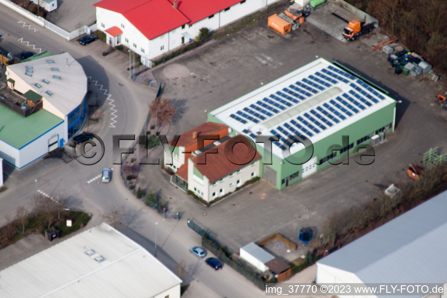 Oblique view of Gäxwald industrial estate in the district Herxheim in Herxheim bei Landau in the state Rhineland-Palatinate, Germany