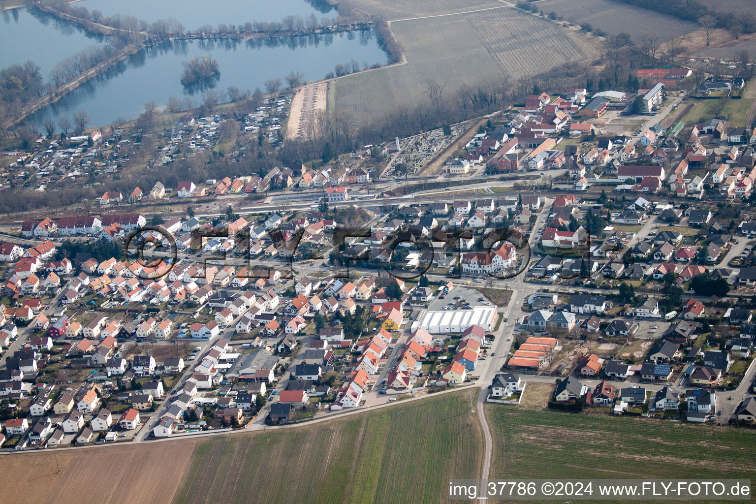 Oblique view of District Sondernheim in Germersheim in the state Rhineland-Palatinate, Germany