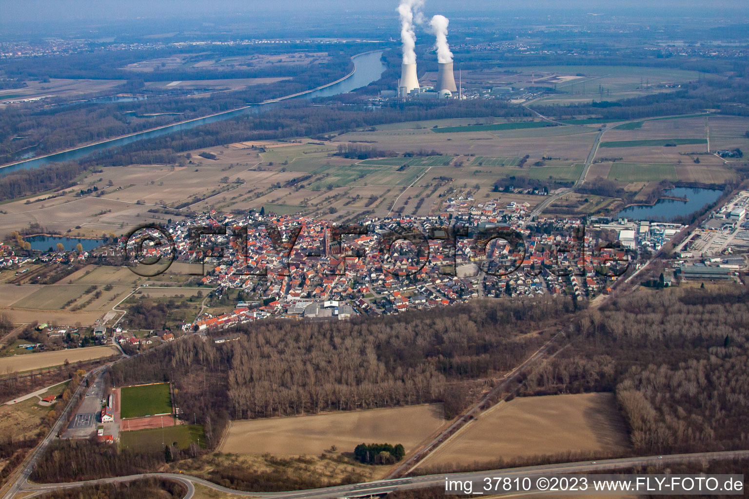 Aerial view of District Rheinsheim in Philippsburg in the state Baden-Wuerttemberg, Germany
