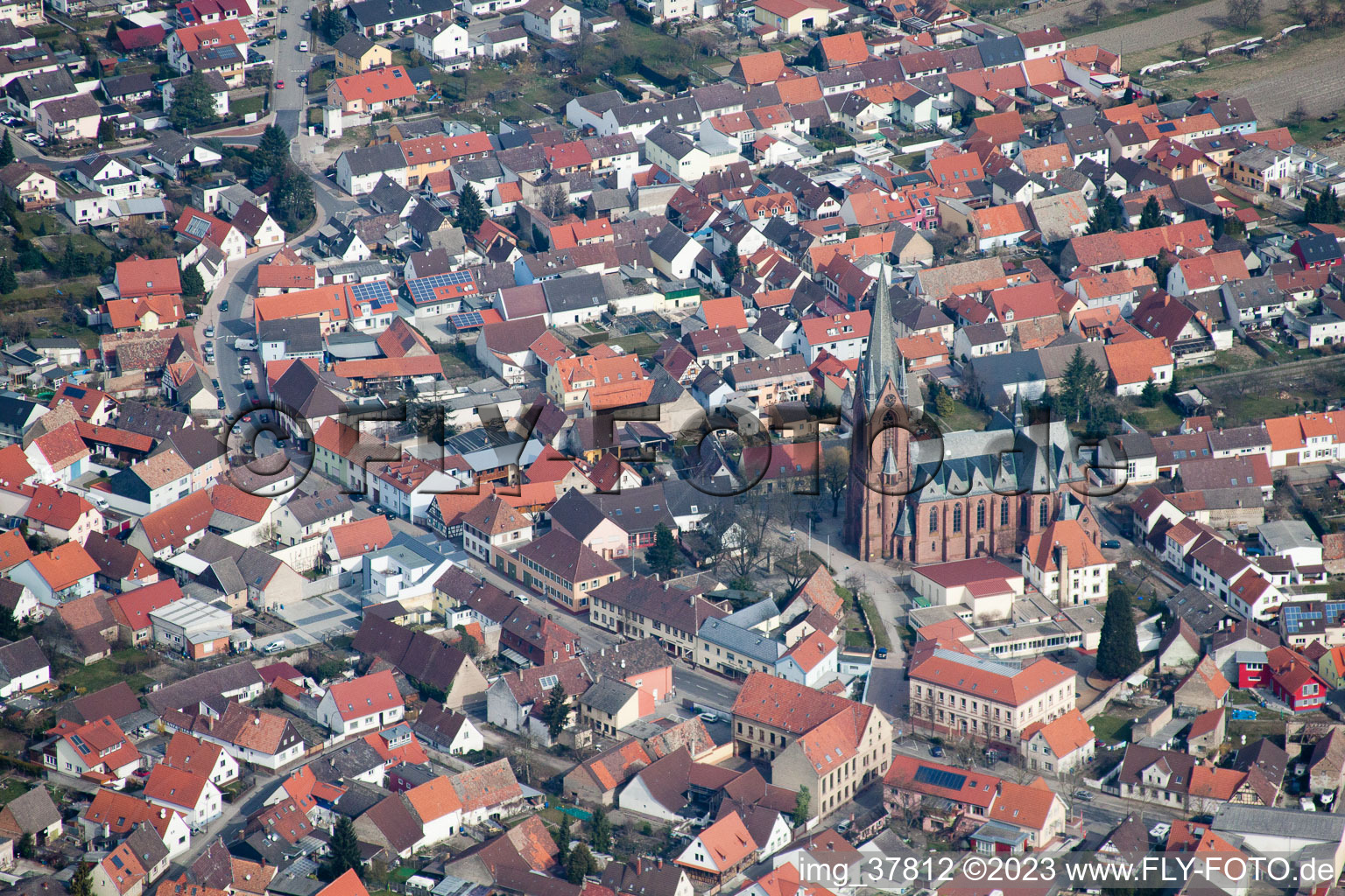Oblique view of District Rheinsheim in Philippsburg in the state Baden-Wuerttemberg, Germany