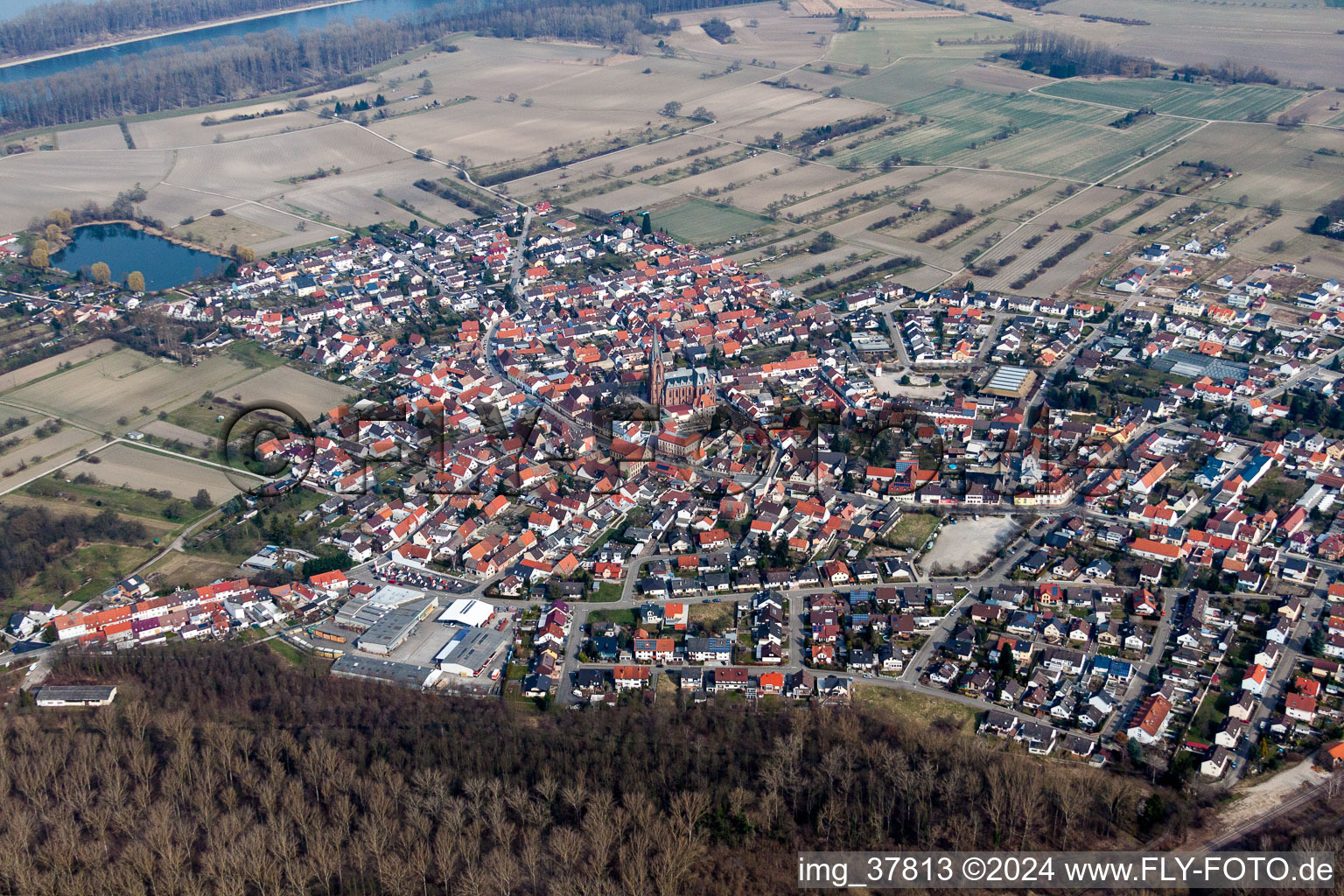 Town on the banks of the river of the Rhine river in the district Rheinsheim in Philippsburg in the state Baden-Wurttemberg, Germany