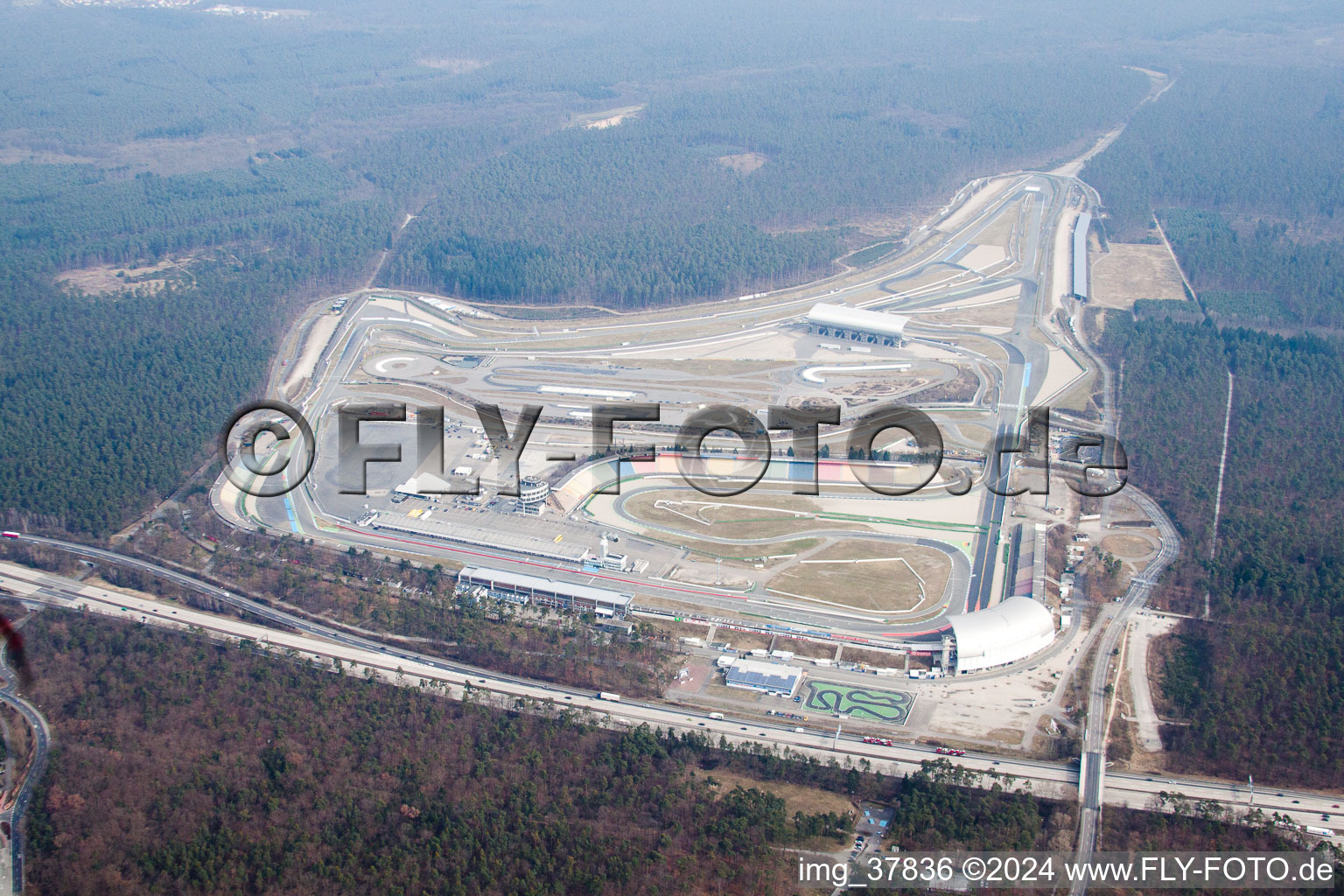 Bird's eye view of Motodrom in Hockenheim in the state Baden-Wuerttemberg, Germany