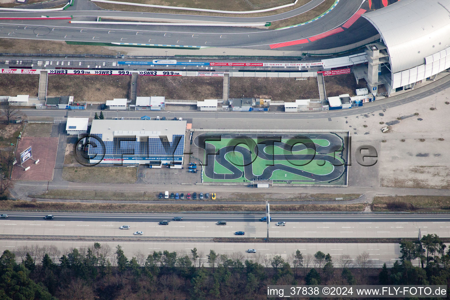 Motodrom in Hockenheim in the state Baden-Wuerttemberg, Germany viewn from the air