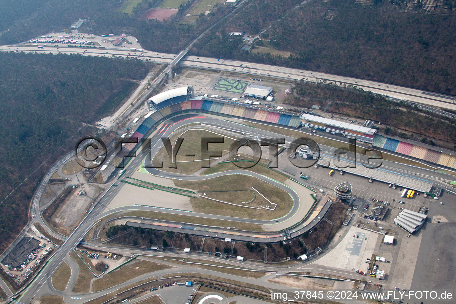 Motodrom in Hockenheim in the state Baden-Wuerttemberg, Germany from a drone