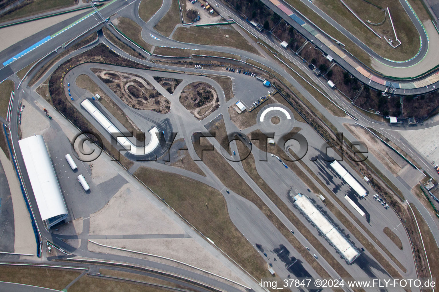 Motodrom in Hockenheim in the state Baden-Wuerttemberg, Germany seen from a drone