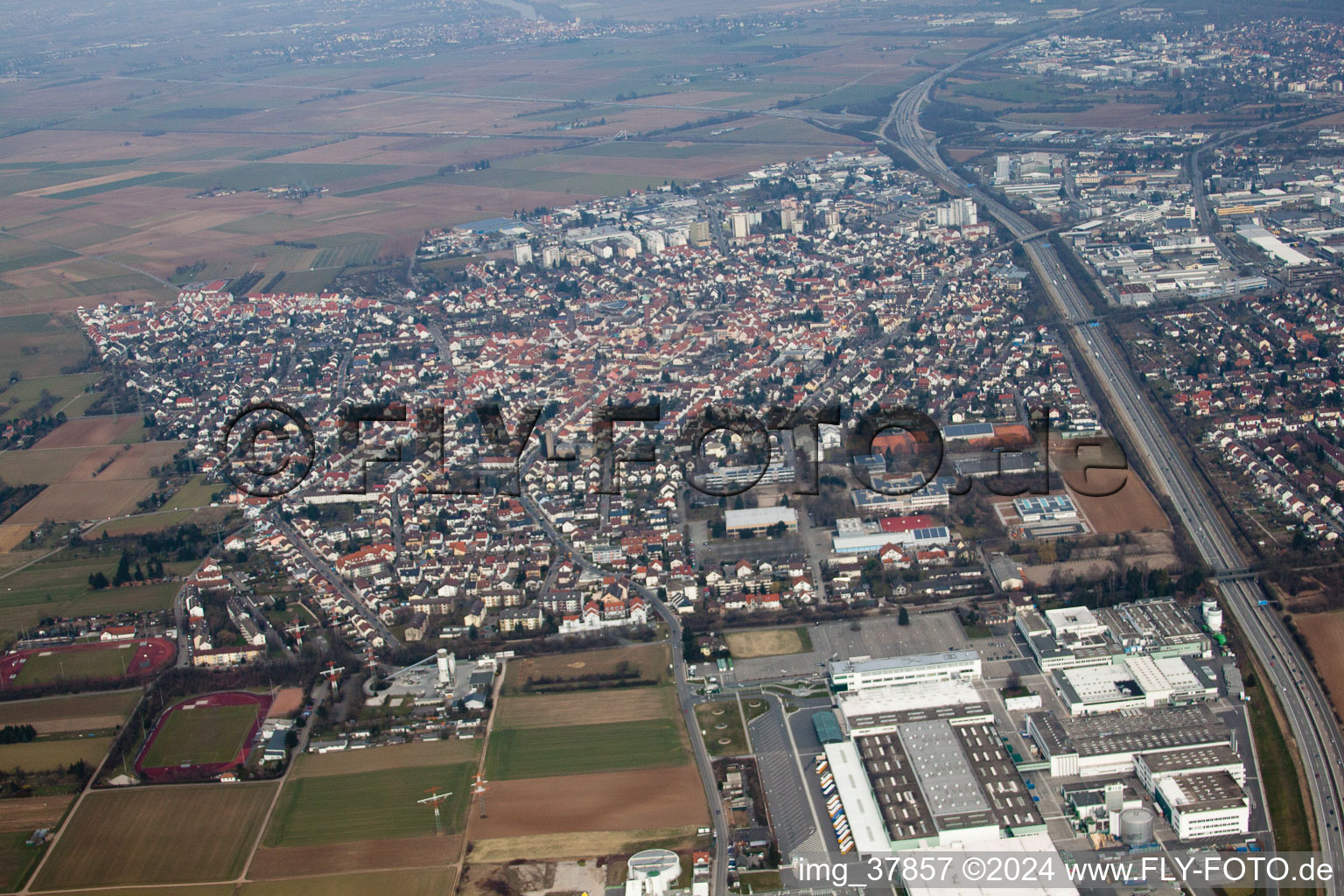 Drone recording of Eppelheim in the state Baden-Wuerttemberg, Germany