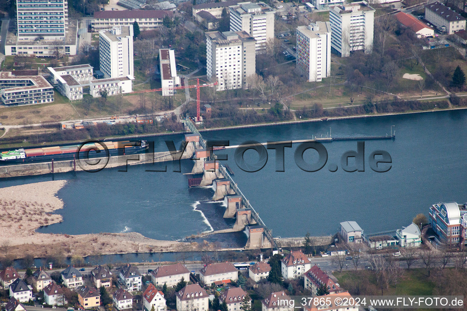 Weir bridge over the Neckar in the district Bergheim in Heidelberg in the state Baden-Wuerttemberg, Germany